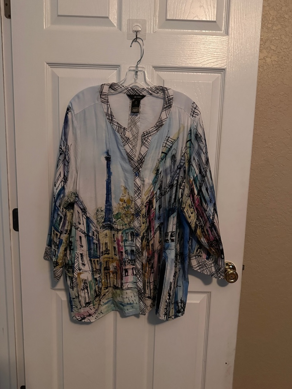 Ali Miles Watercolor Cityscape Tunic - Blue, White, Pink, Green